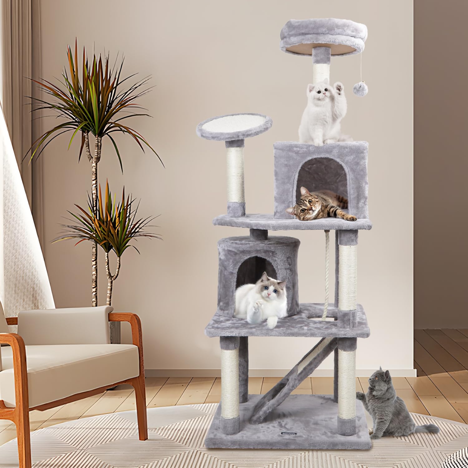 Nobleza - Árbol para Gatos, Altura 161 cm, con 5 Postes Rascadores, 5 Plataformas, 2 Cueva,1 Escalera, pompón, Cuerda de sisal, Tela de Felpa, Rascador Multinivel para Gatos Grandes,Gris