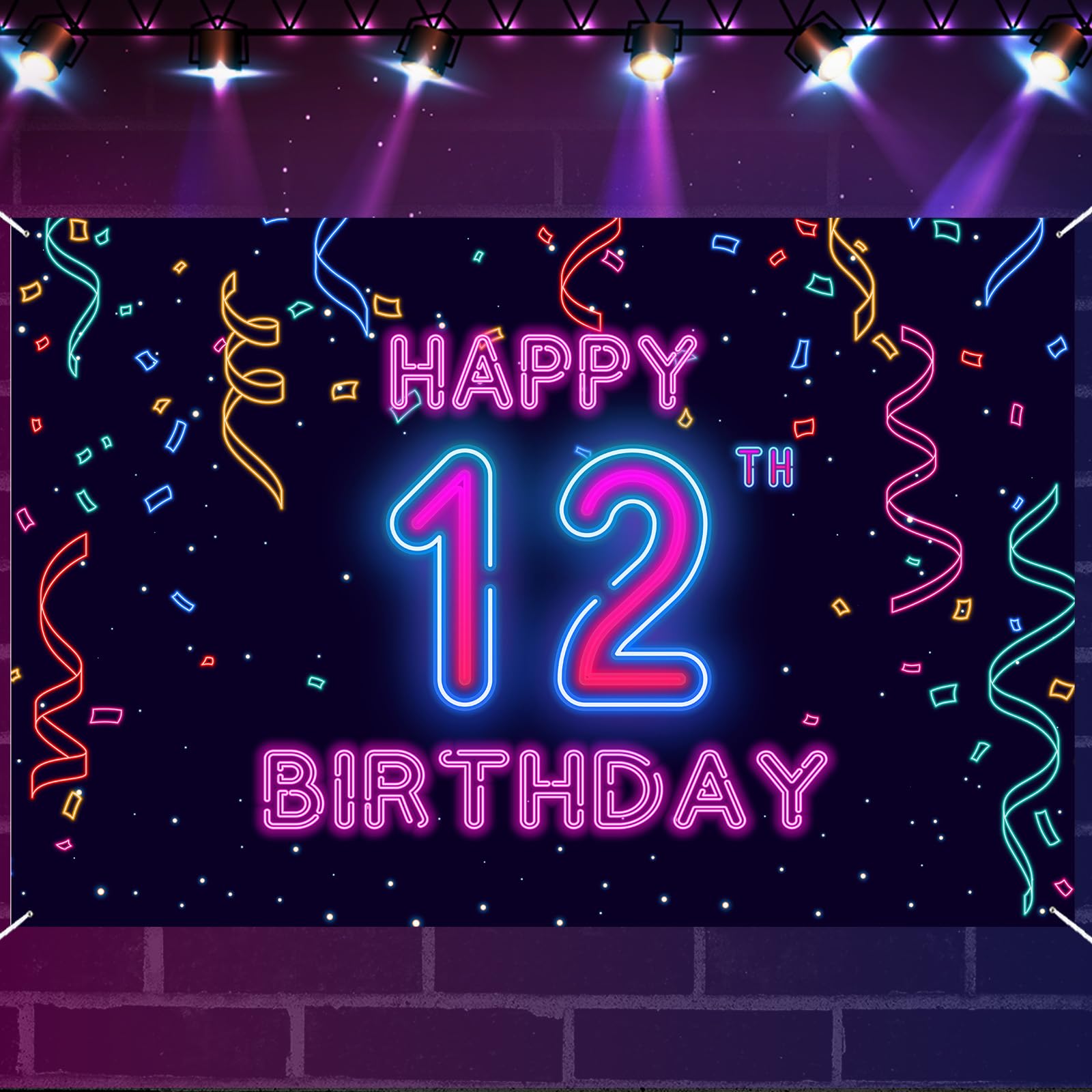 Photo 1 of 12nd Neon Birthday Banner Backdrop, 12 Years Birthday Party Banner Let Glow Party Disco Dance Neon Theme Backdrop, Colorful Night Decorations for Girls Boys Women Men Photo Props Supplies Glitter