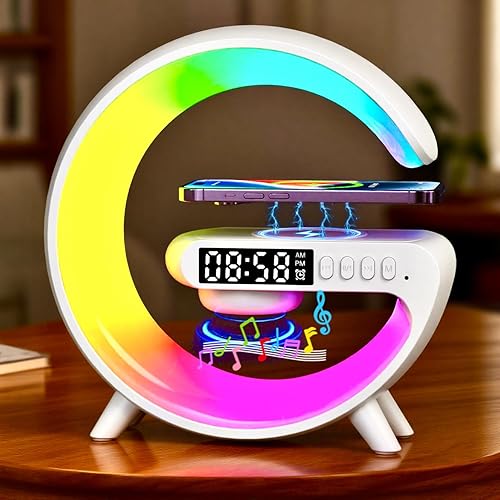 EQF LED Table Lamp with Wireless Charger, G Shaped Night Light Lamp with Bluetooth Speaker, Sunrise Alarm Clock, Smart Mini Atmosphere Lamp for Bedroom, Office, Living Area (White)