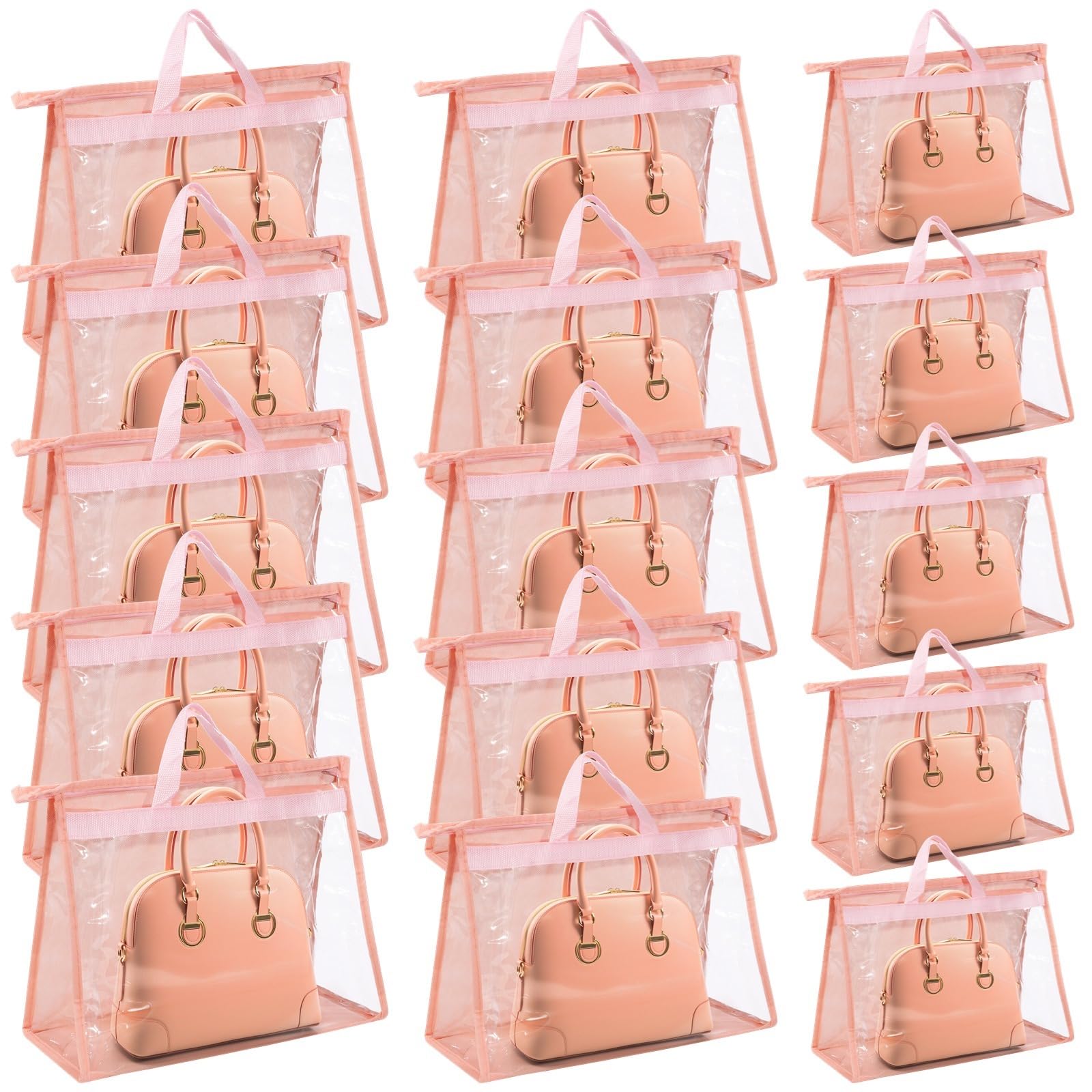 15 bolsas de polvo para bolsos, organizadores de almacenamiento transparentes en 3 tamaños, fundas de bolso con cremalleras y asas, protectores de bolsos colgantes para almacenamiento en el armario