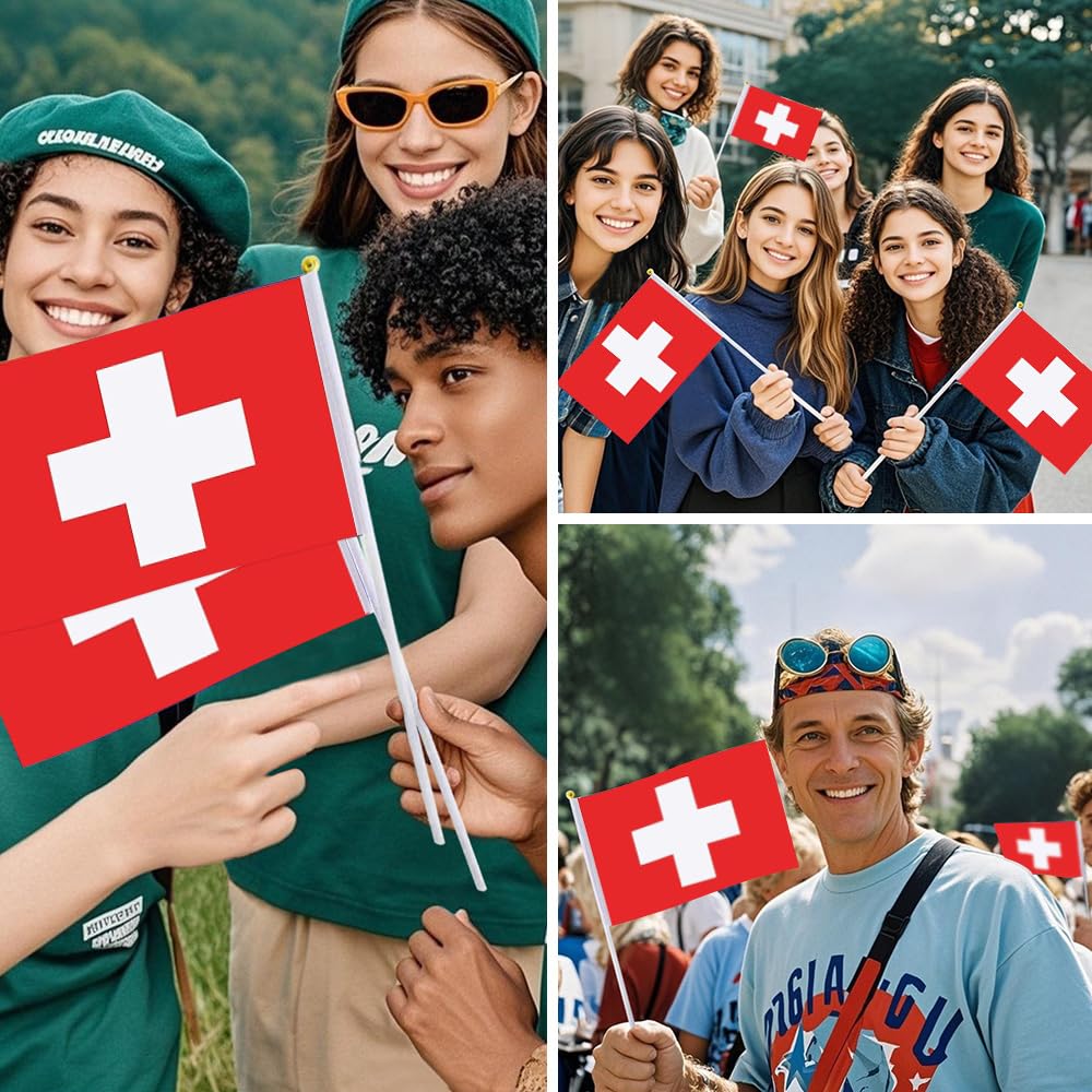 25 Pack Switzerland Swiss Flag Mini Flags - 11.8 Inch Wood Stick Hand Held Flags For Parties & Events