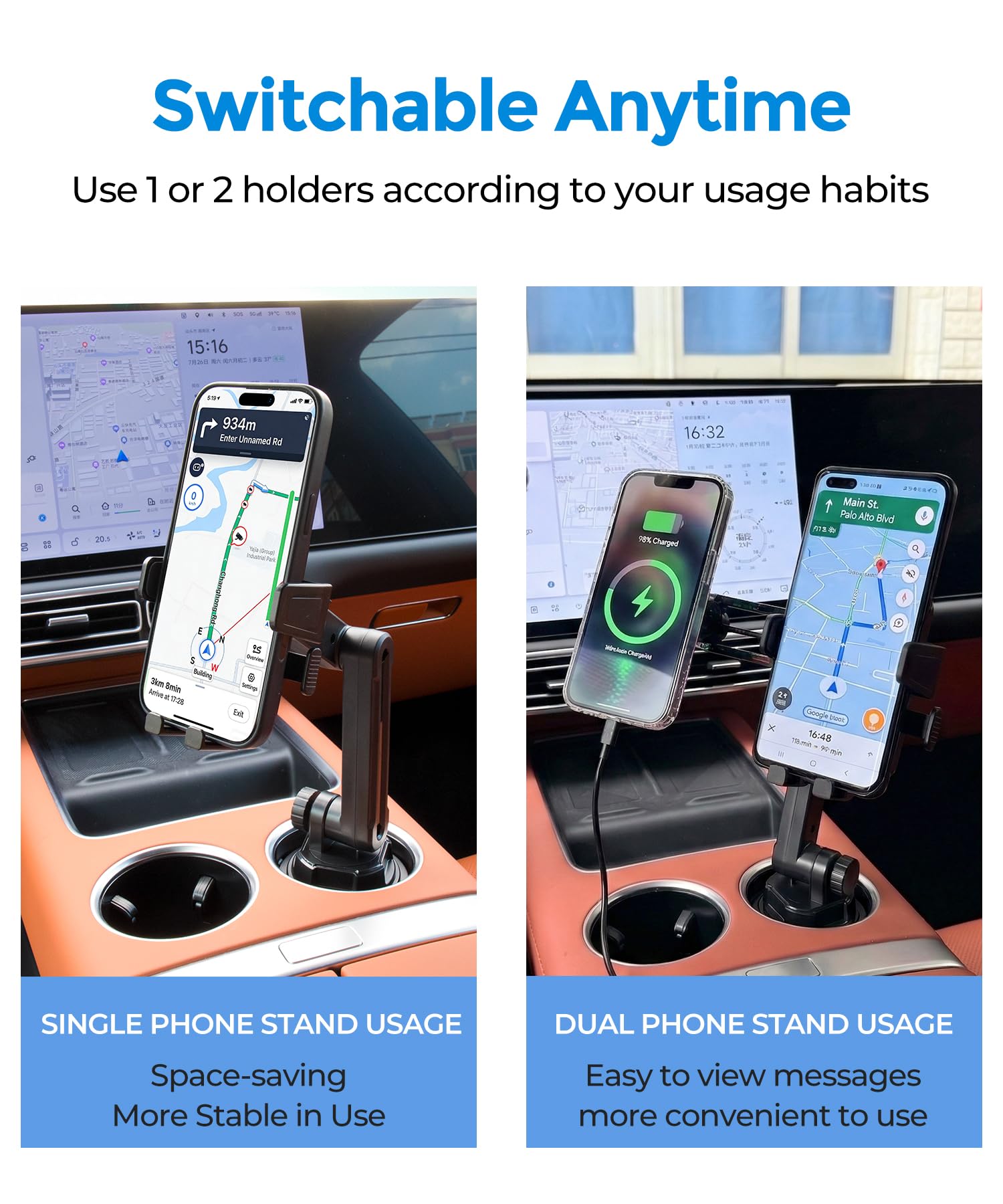 Supporto per telefono a doppia tazza per auto, può contenere 2 telefoni contemporaneamente, Qi2.2 Max 25 W Fast Wireless Car Charger Phone Mount, supporto per tazza, compatibile con MagSafe