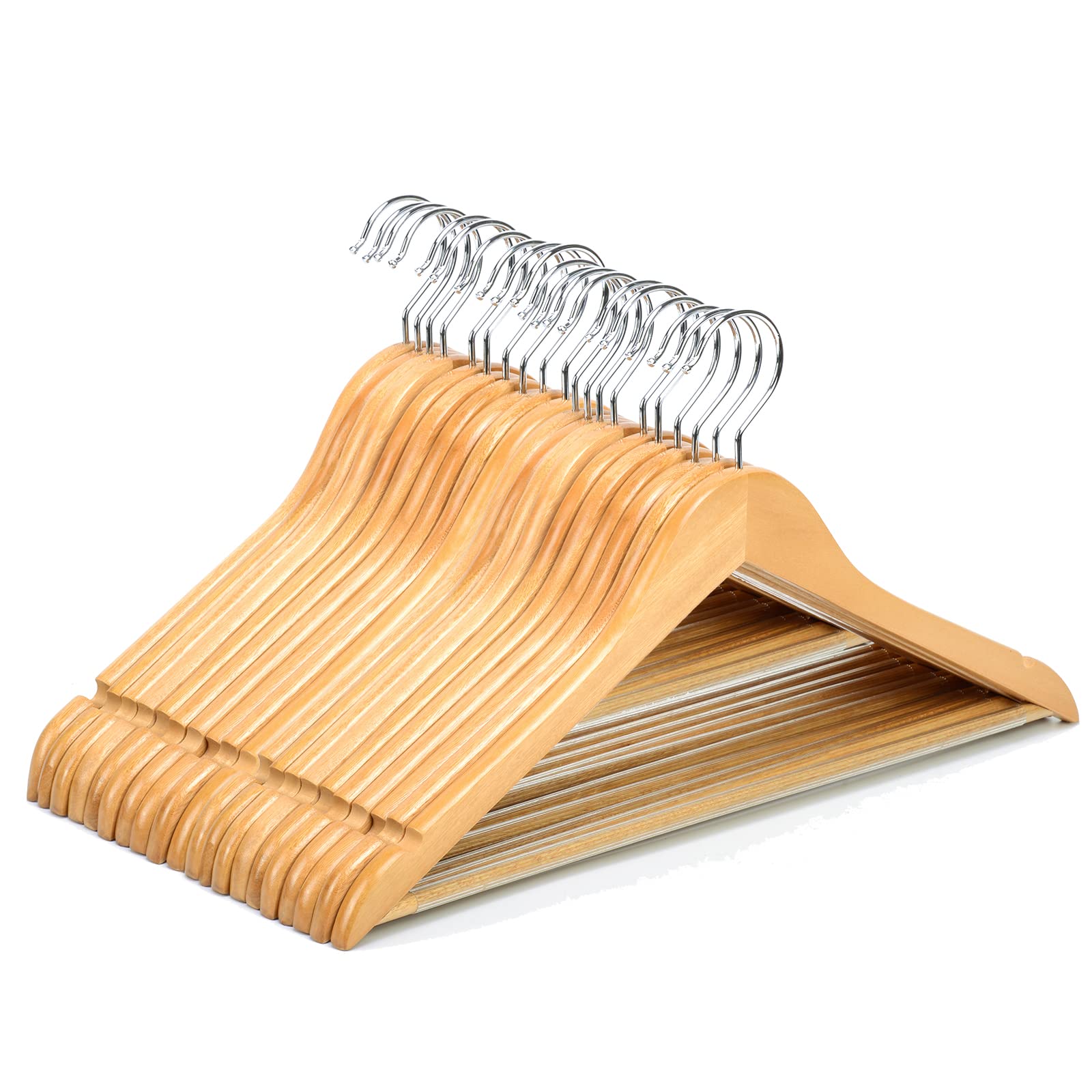 Nature SmileWooden Suit Hangers 20 Pack Premium Solid Wood Coat Clothes Hangers with Non Slip Bar Smooth Finish with 360° Swivel Hook and Smooth Notches for Camisole Jacket Pant Dress Natural Color