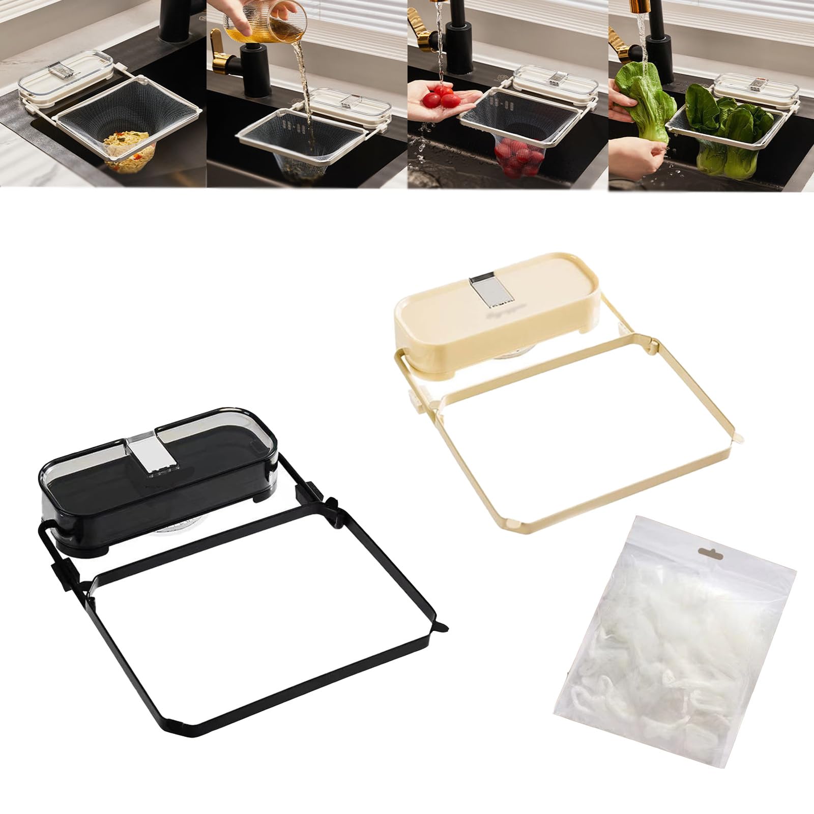 Suction Cup Sink Strainer, Kitchen Sink Garbage Filter Rack Suction Cup, Sink Drain Strainer Basket for Food Waste, Residue Filter with 50 Filter Mesh Bags (Black + Yellow)