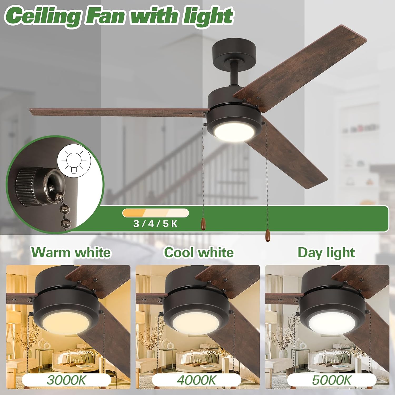 52 inch Ceiling Fan with LED Lights(3000K/4000K/5000K), Pull Chain, Noiseless Reversible Motor and Blades, 3 Speed, ETL Listed, for Patio Living Room, Bedroom, Office - Oil-Rubbed Bronze