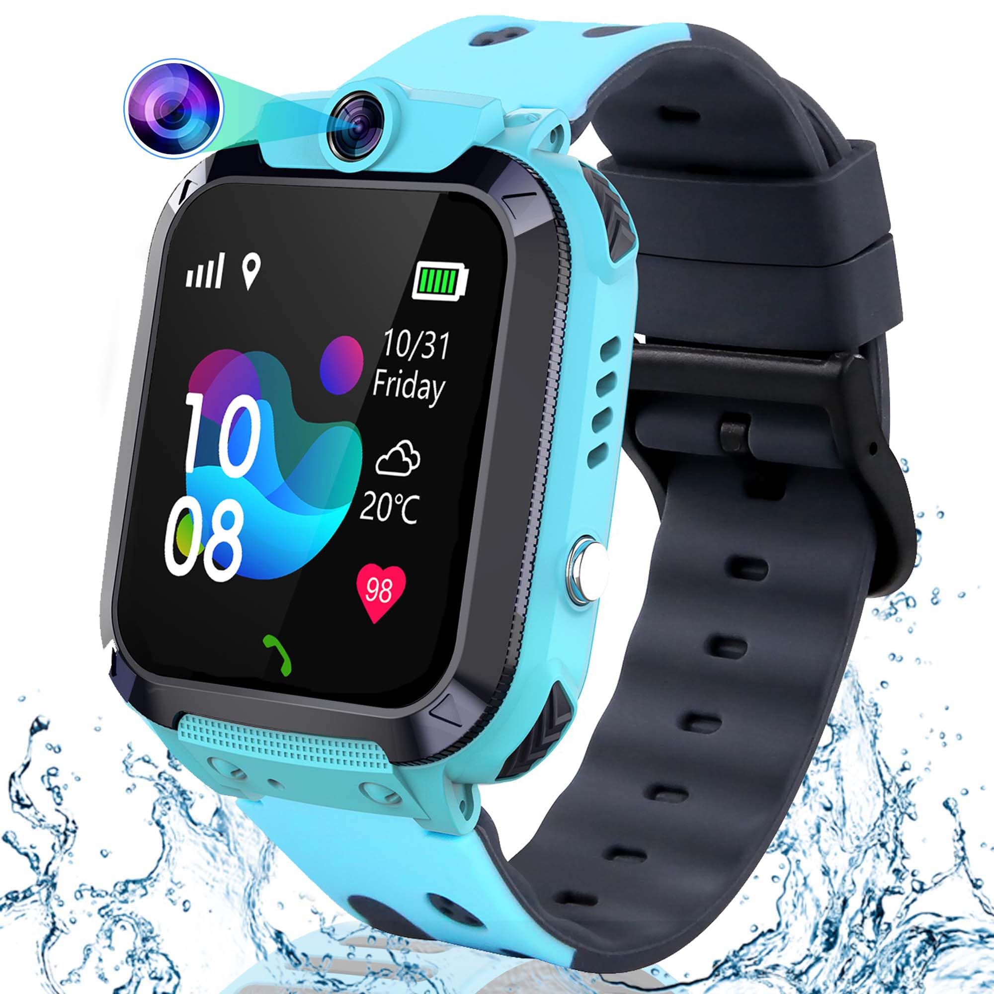 GPS Reloj Inteligente Niño, Smartwatch Niños con GPS y Llamadas, SOS, Bidireccional Chat de Voz, Clase Modo, 10 Contactos, IP68 Impermeable, Cámara, Juego, Despertador, Reloj Llamadas Niños Regalos