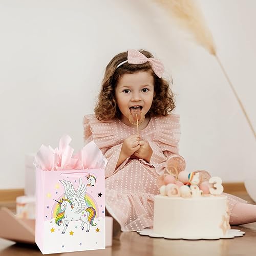 Miniatura 5 de Bolsa de regalo de unicornios grandes de 13 pulgadas para niñas y niños, baby shower con papel de seda, paquete de 1