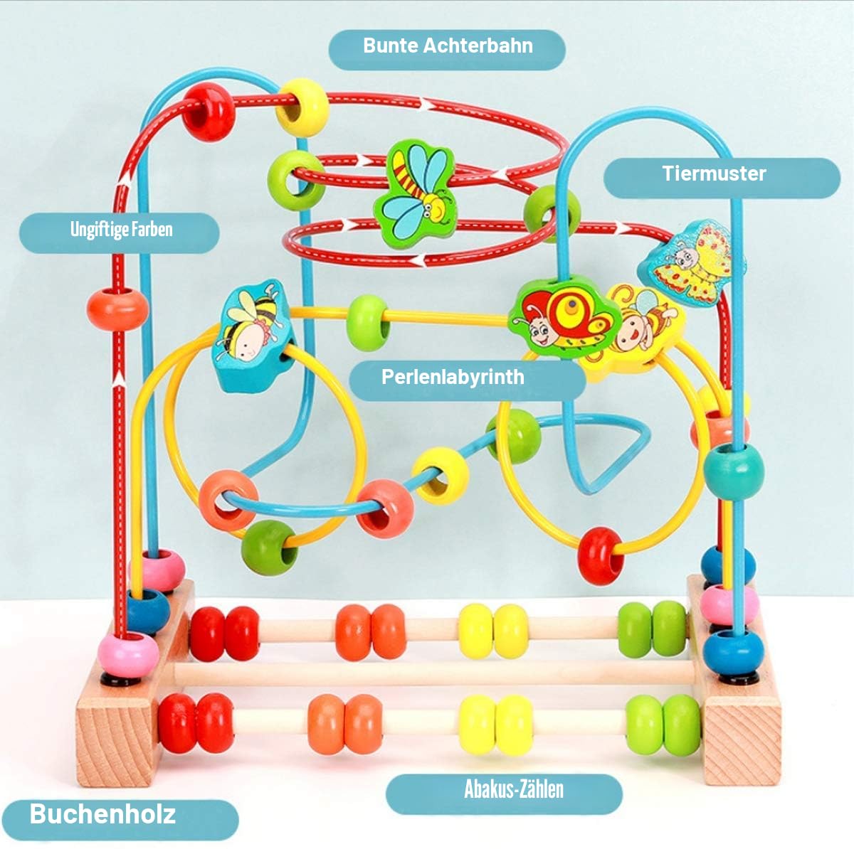 Jacootoys Motorikschleife aus Holz Tier Holzspielzeug mit DREI verschiedenen Schleifen Roller Coaster Motorik Maze Spielzeug für Kinder