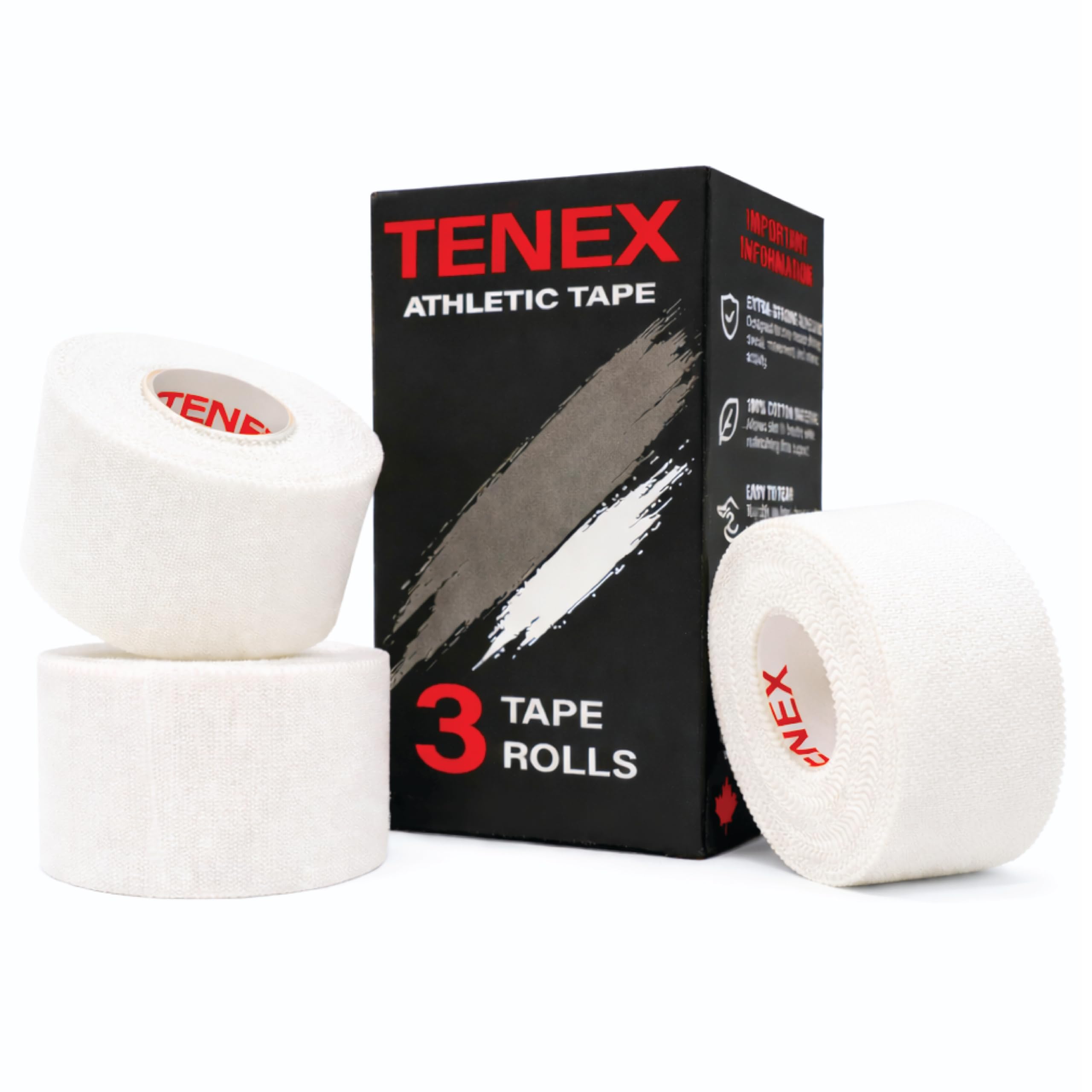 Tenex Athletic Tape – 3 Rolls 1.5" x 30FT White Finger, Wrist & Ankle Sports Tape with Zig-Zag Easy Tear Edge – 100% Cotton, Zinc Oxide Adhesive, Hypoallergenic, Latex and Rayon Free, Strong Hold & Long-Lasting Support - 2
