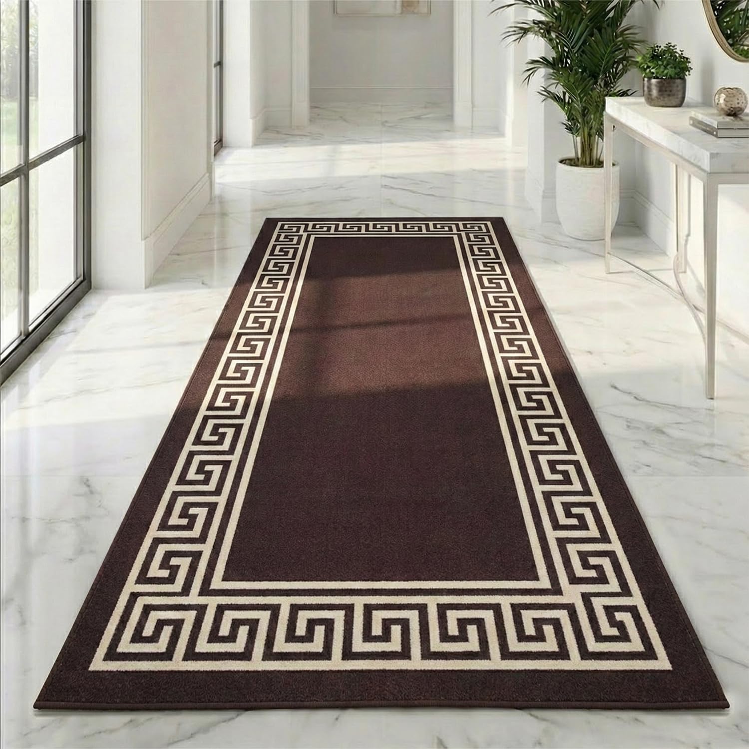 B&B Hallway Runner Kitchen Rug Non-Slip Washable Door Mat | 66 x 220 cm Anti Fatigue, Entrance Large Anti-Slip Floor Mat Stair Runner Rug Carpets - Greeky Rug - Brown & Cream — image 1