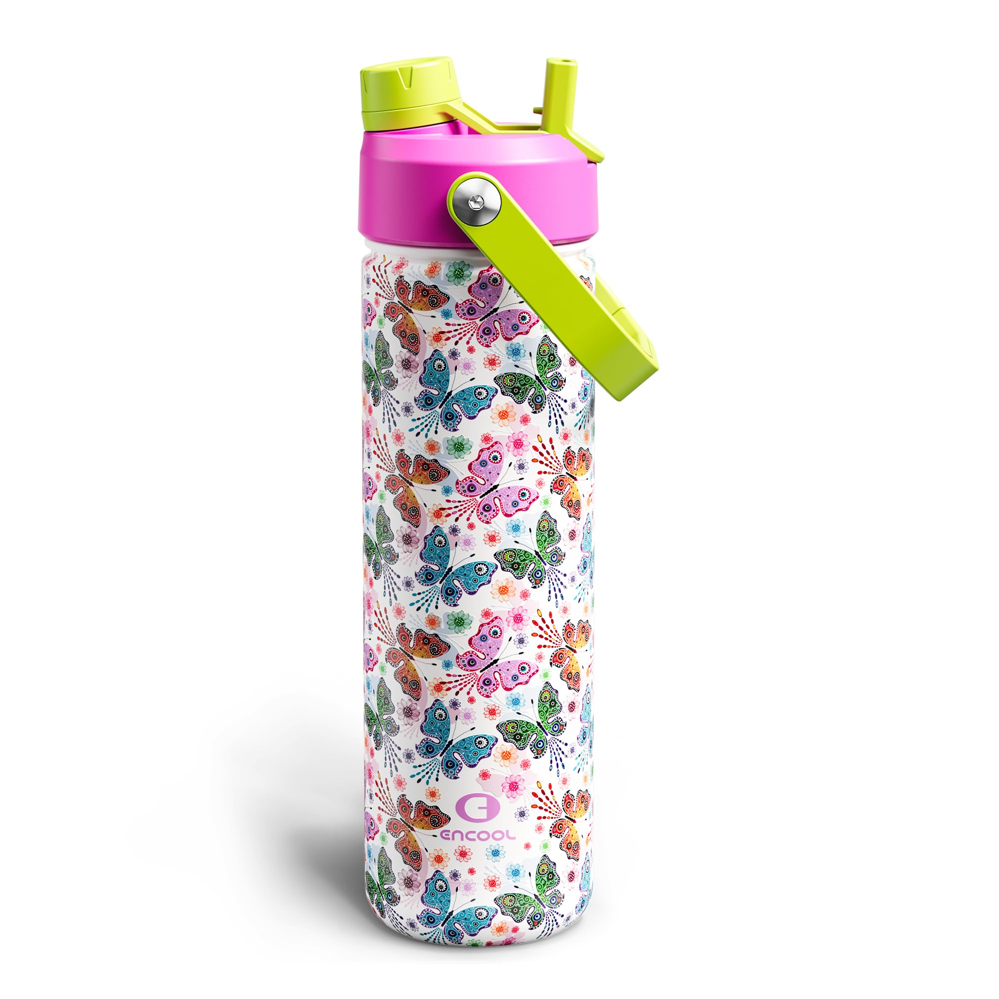 ENCOOL Insulated Water Bottle with Straw Stainless Steel Water Bottle, Leak-Proof, BPA-Free, Double Wall Vacuum Keeps Cold for 24 Hours for Sports, Travel, School (26 oz, Aesthetic Butterfly)