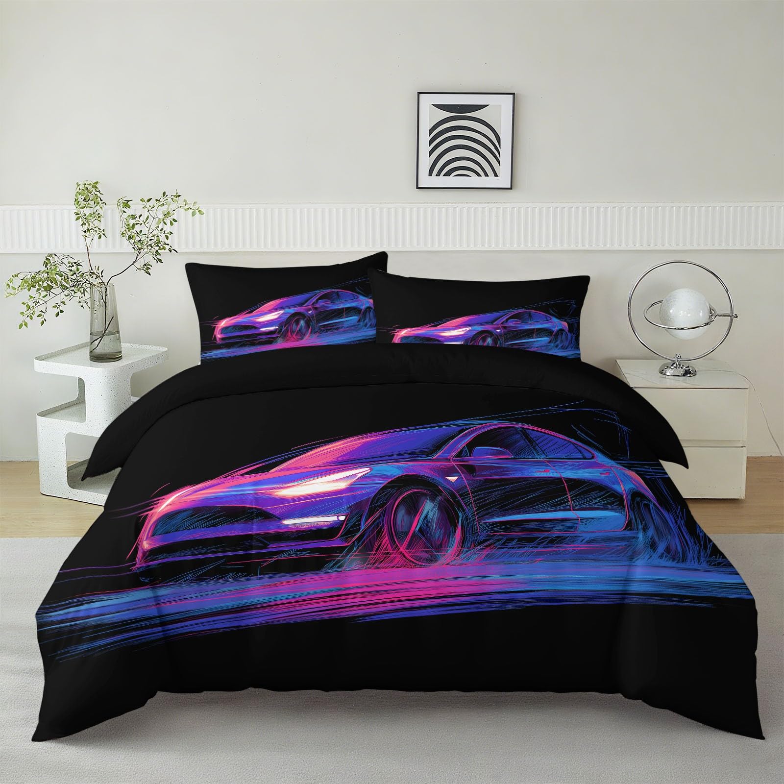 Generico Cartoon Neon Electric Car 3-częściowy zestaw poszewek na kołdrę 220 x 240 cm zestaw poszewek na kołdrę, czarny komplet pościeli z zamkiem błyskawicznym i poszewkami na poduszki z mikrofibry