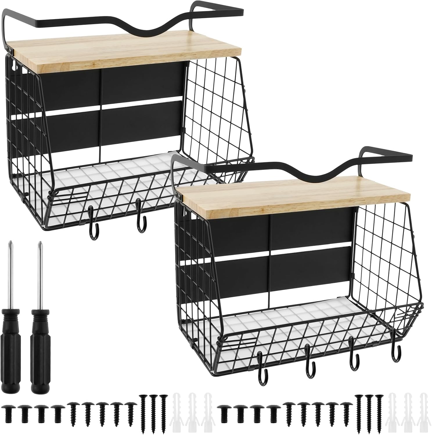 Magnetic Shelf for Fridge with Wood Lid, 2Set Magnetic Spice Rack for Refrigerator Large Capacity Sturdy with 4 Hooks, Fruit Potato and Onion Storage Bins, Pantry Organizers Storage Basket