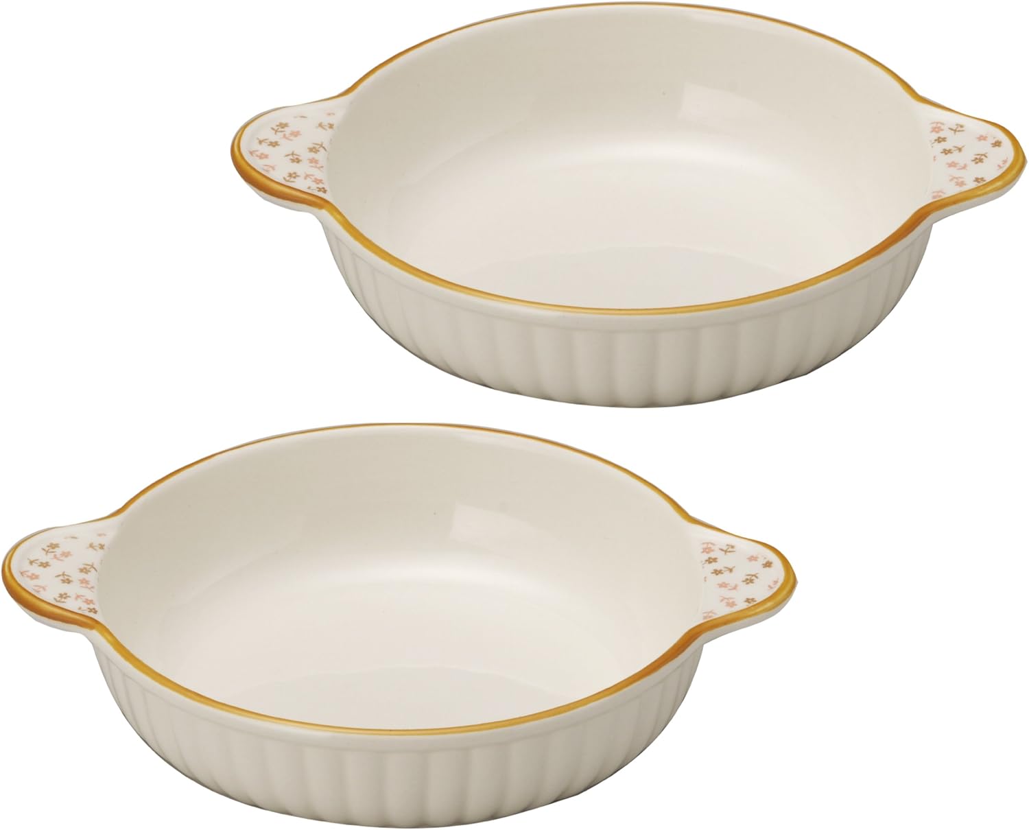 Banko Ware 14086-2 Microwave and Oven Safe, Small Flowers, Round Gratin Dish, Orange Line, Set of 2