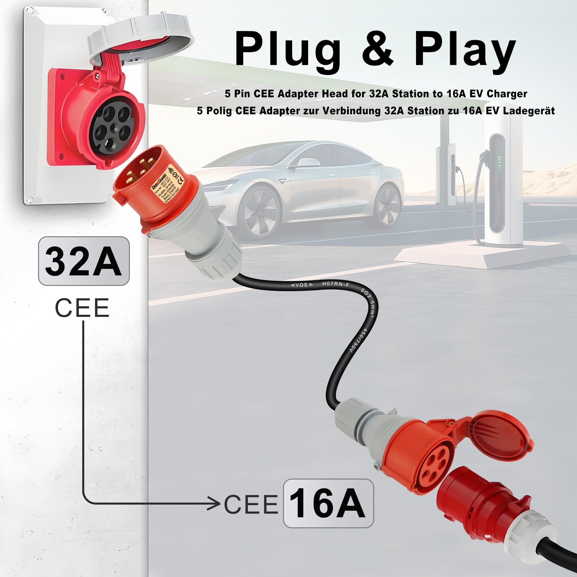 Adattatore CEE da 32A a 16A 5 Poli per Caricatore EV, 400V Adattatore ad Alta Corrente 32A Maschio a 16A Femmina 5 Pin, Cavo CEE H07RN-F 5G 2.5mm² EN60309