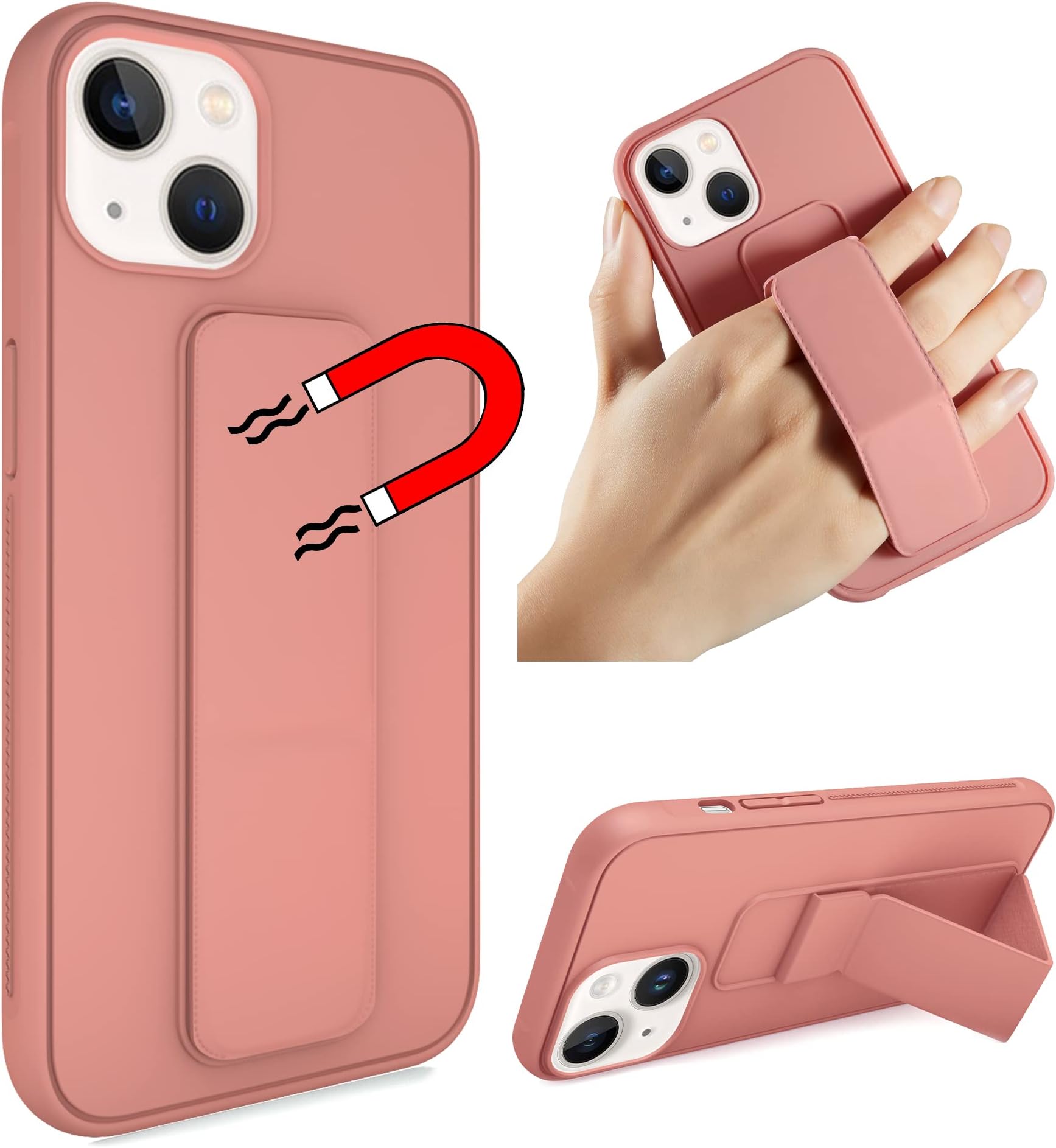 Varikke Compatible with iPhone 14 Plus Case with Stand, Magnetic Vertical & Horizontal Kickstand Hand Strap Protective Phone Case, Slim Cute Silicone Cover 6.7 Inch, Pink