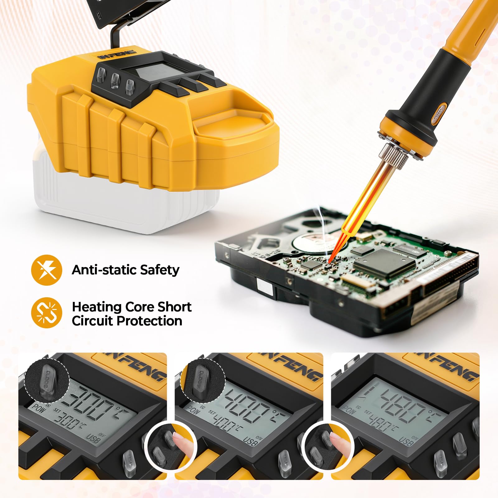 Estación de soldadura con batería para baterías DEWALT de 18 V/20 V, kit de soldadura de 60 W con pantalla digital, control de temperatura de 200 – 480 °C, calentamiento rápido, 5 puntas de soldadura