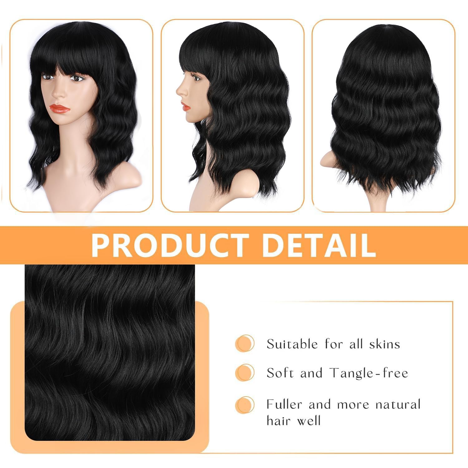 Shoulder Length Curly Wig with Bangs Modern Chic Daily Wear Soft Fiber NISEFECTO Short Curly Wavy Bob Wig Black Mixed Brown with  main image 3