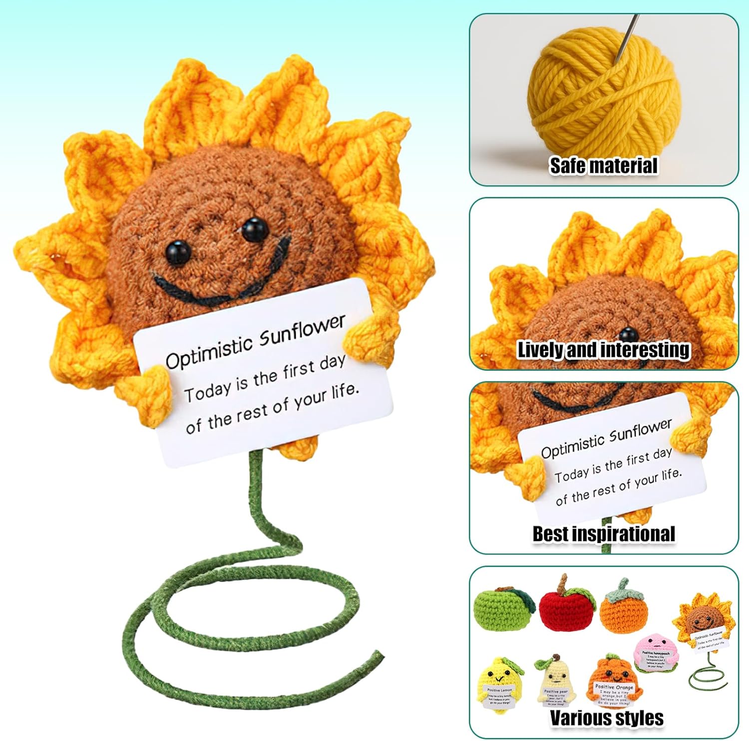 Malloom 18 Pcs Positive Fruit Sunflower Emotional Crochet Dolls Bulk Support Encouragement Emotional Knitted Crochet Gifts with Positive Words for Friends Coworker Decorations Home Office (Fruit)