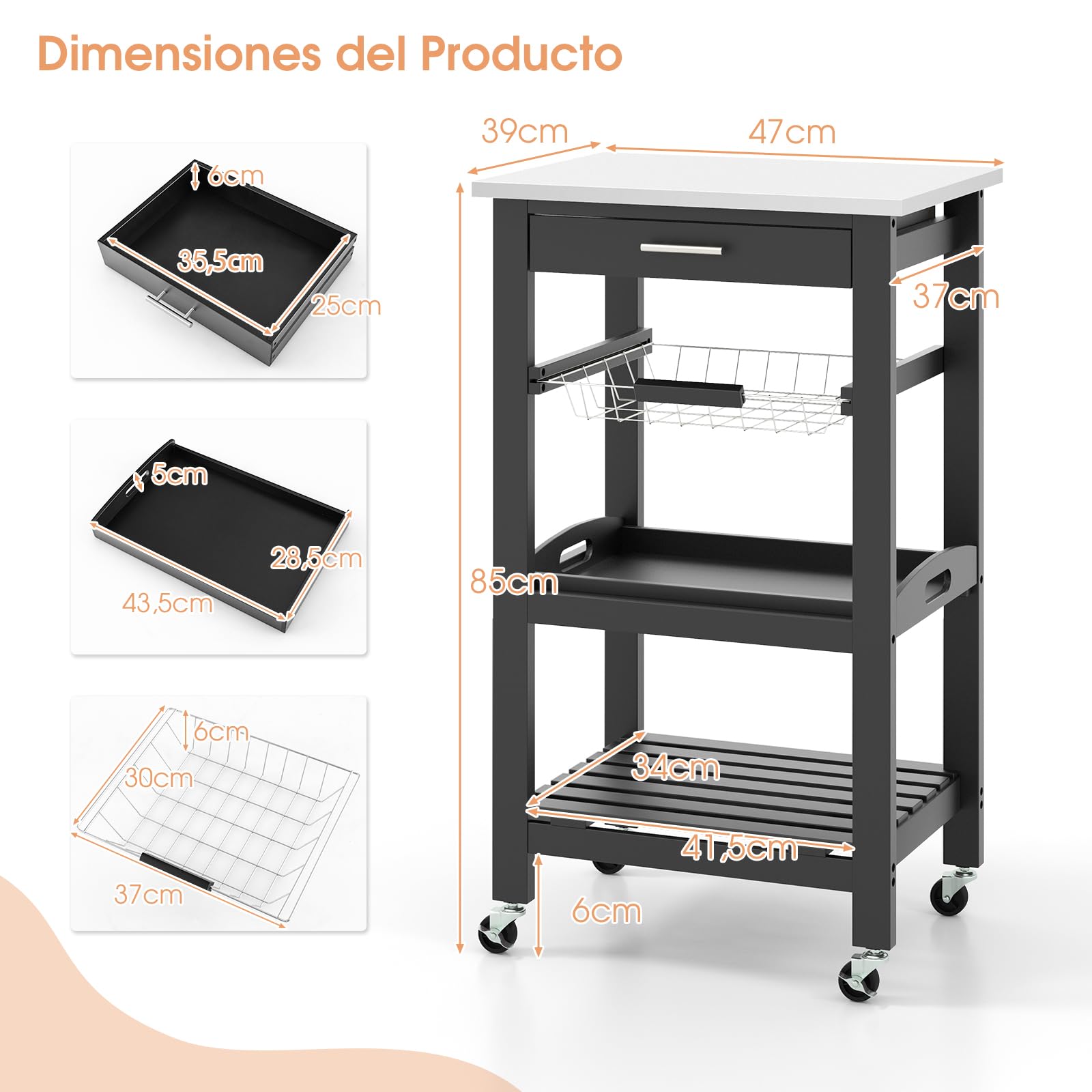 Giantex Carrito de Cocina 4 Niveles, Carro de Servicio con Encimera de Acero Inoxidable, Cajón, Canaseta, Bandeja y Estante Abierto, 47x39x85cm, Mueble Auxiliar para Cocina, Comedor, Salón (Negro)