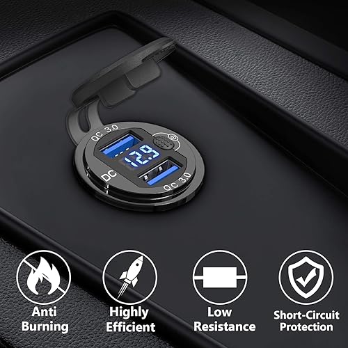 Miniatura 2 de [Carcasa de metal] Salida USB de 12 V Dual QC 3.0: Qidoe Enchufe de aluminio de 12 voltios para motocicleta con interruptor de botón voltímetro LED,
