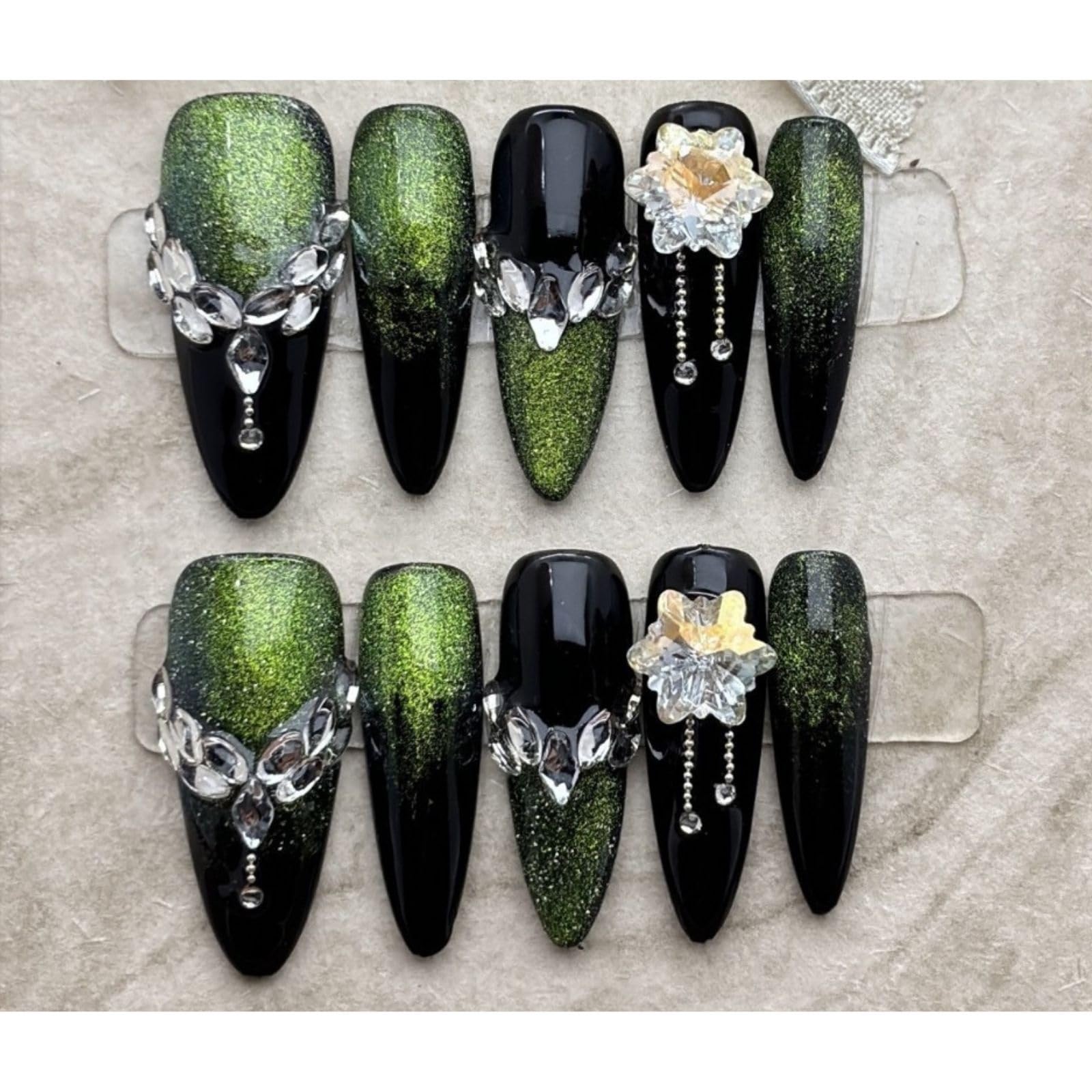 press on nails, 10pcs Pure handmade False Nails, Reusable Fake Nails, french tip press on nails, Almond, Coffin, cat eye, Perfect for Fashionable Women~Dark green cat eye(M) Lot of 4