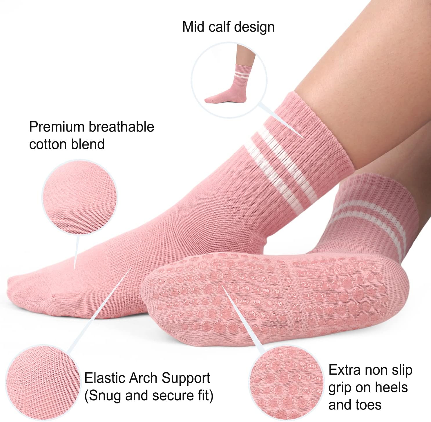 Pilates Socks for Women, Non Slip Grip Socks for Yoga, Barre, Hospital, Grippy Socks Womens Gifts, 4 Pairs - Image 3