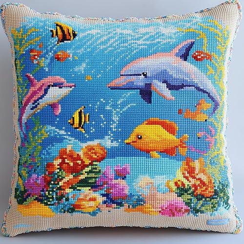 WallustrioaW Undersea Landscape Stamped Cross-Stitch Pillow Kit,Colorful Dolphin Fish Coral,Cushion Needlework Kit with Embroidery Pattern on Cotton Canvas Holiday,Gift Kits 18x18in