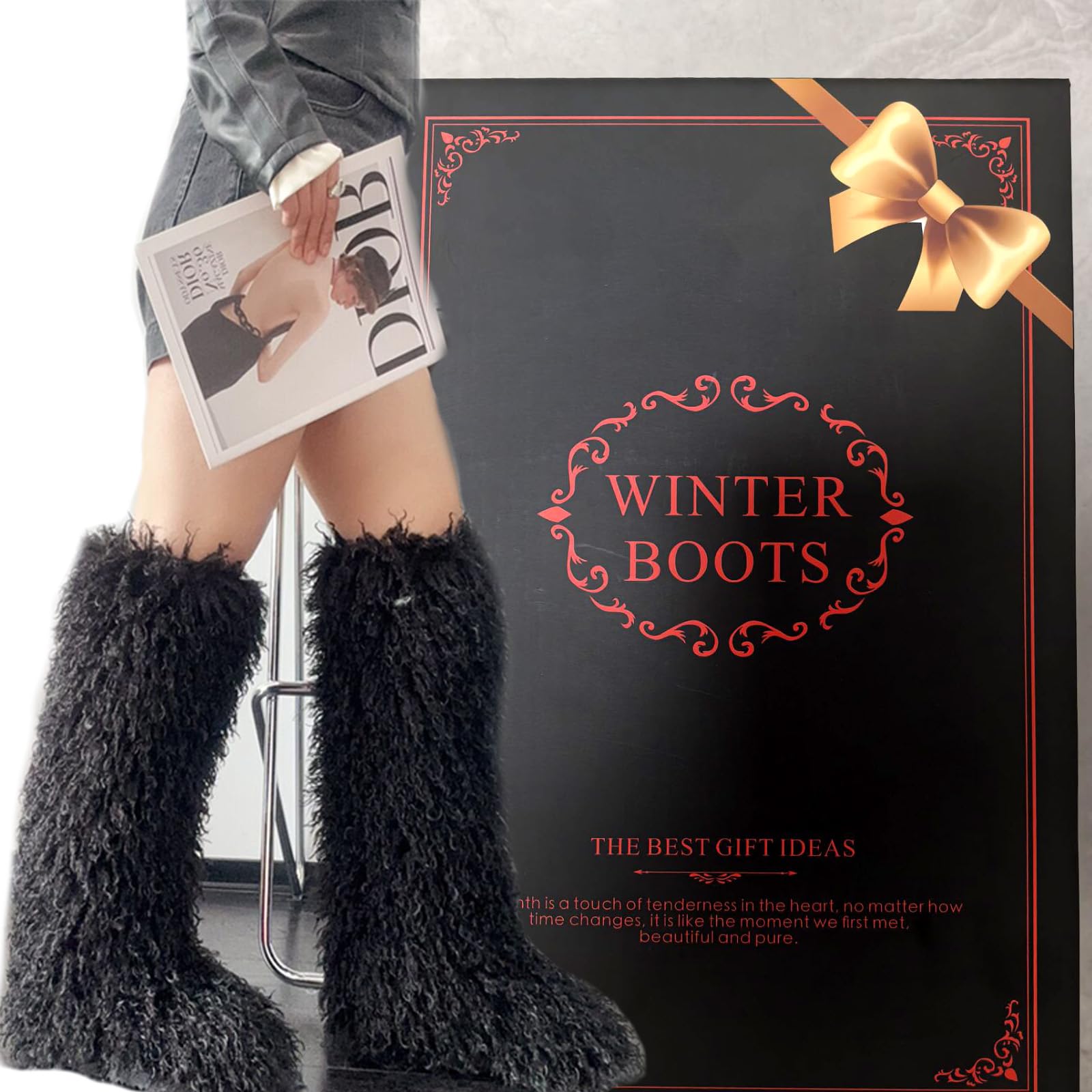 Valpeak Botas altas peludas de piel sintética para mujer, botas largas de invierno para niñas, botas mullidas mongolas para niños, botas peludas hasta la rodilla