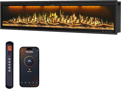74" WiFi Electric Fireplace Insert, Ultra-Narrow Bezel Fireplace Heater with APP Control, 3 Top Light Colors, 13 Flame & Fuel Bed Colors, 9H Timer, Recessed/Wall Mounted, 750/1500W, Black