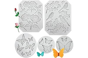 5 Pack Butterfly Rose Flower Stems Birds Blossoms Silicone Fondant Mold