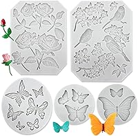 GeoGeoDIY 5 Pack Butterfly Rose Flower Birds Silicone Fondant Molds for Cake Decor Chocolate Soap DIY Crafts
