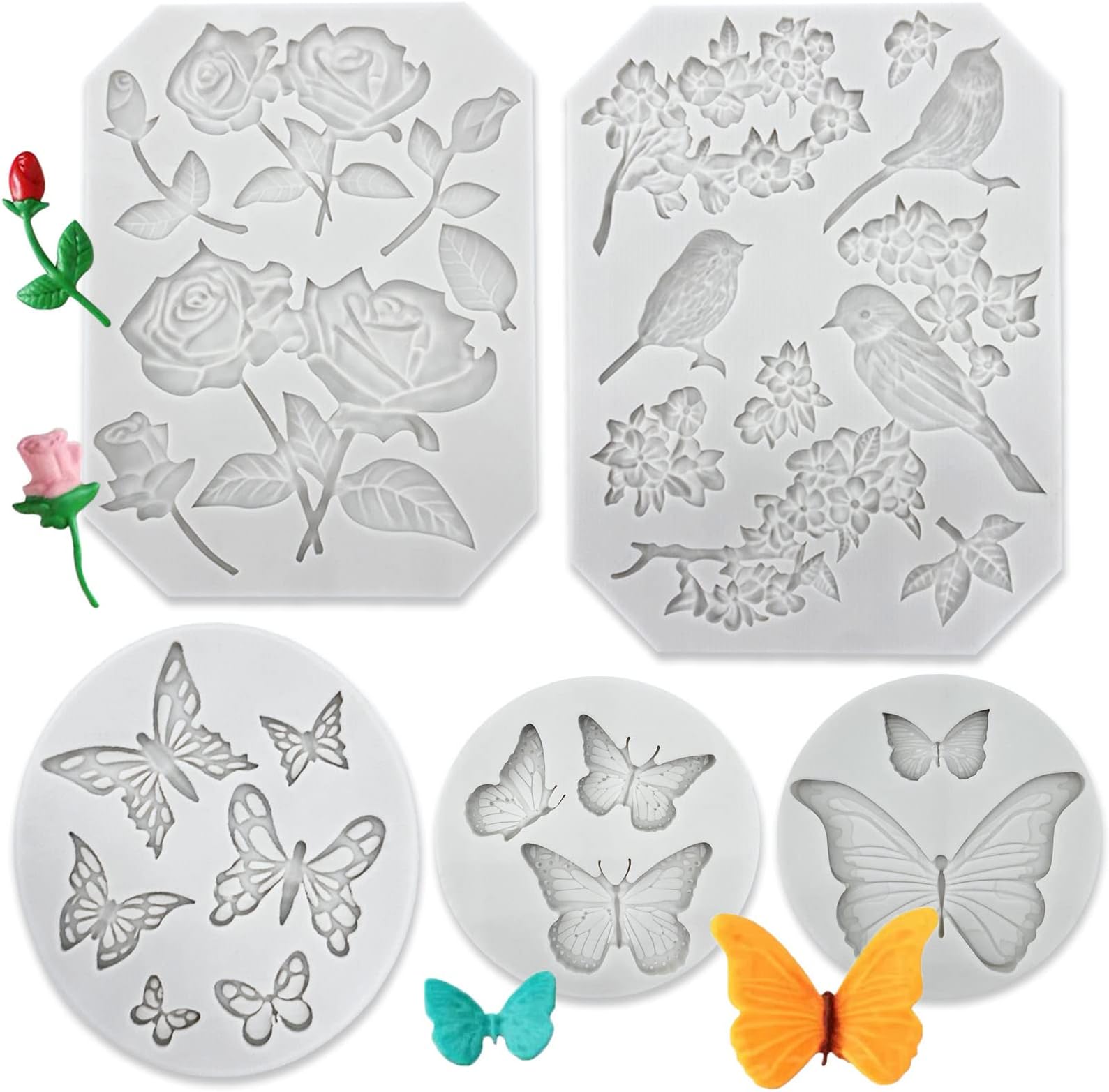 5 Pack Butterfly Rose Flower Stems Birds Blossoms Silicone Fondant Mold, for Making Chocolate Fondant Jelly Polymer Clay Soap Crafting DIY Projects and Cake Decoration