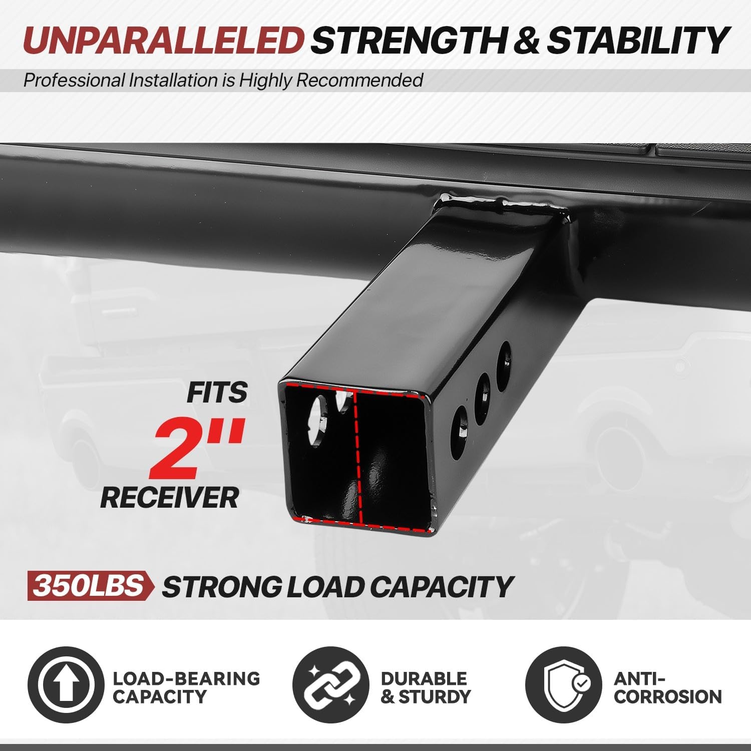 Universal Rear Trailer Tow Hitch Step Bar 37" Black 3" Round with Non-Slip Pad 2" Receiver 350 lbs Capacity Pickup Truck SUV