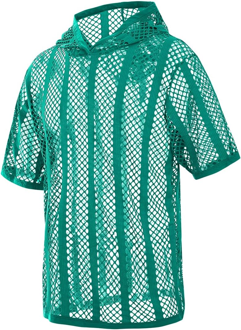 Mens Fishnet Shirt Hoodies See Through Mesh Short Sleeve T-Shirt Sheer Muscle Top