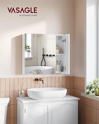 VASAGLE Wall Cabinet with Mirror, 3-Door Storage Unit, Bathroom Mirror Cabinet, 15 x 60 x 55 cm, with Adjustable Shelf, Modern, White KAILYN Collection BBK22WTV1 - 2