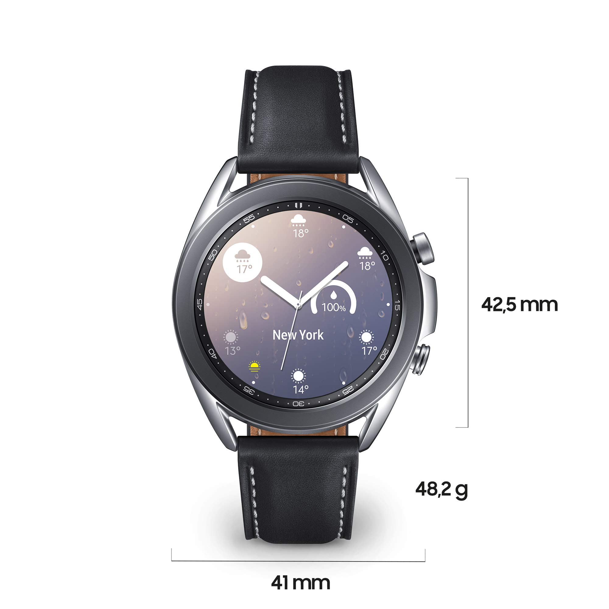 Samsung Galaxy Watch3 Smartwatch Bluetooth, Cassa 41mm acciaio, cinturino pelle, Rilevamento cadute, Monitoraggio sport, Batteria 247 mAh, IP68, Argento (Mystic Silver) [Versione Italiana]
