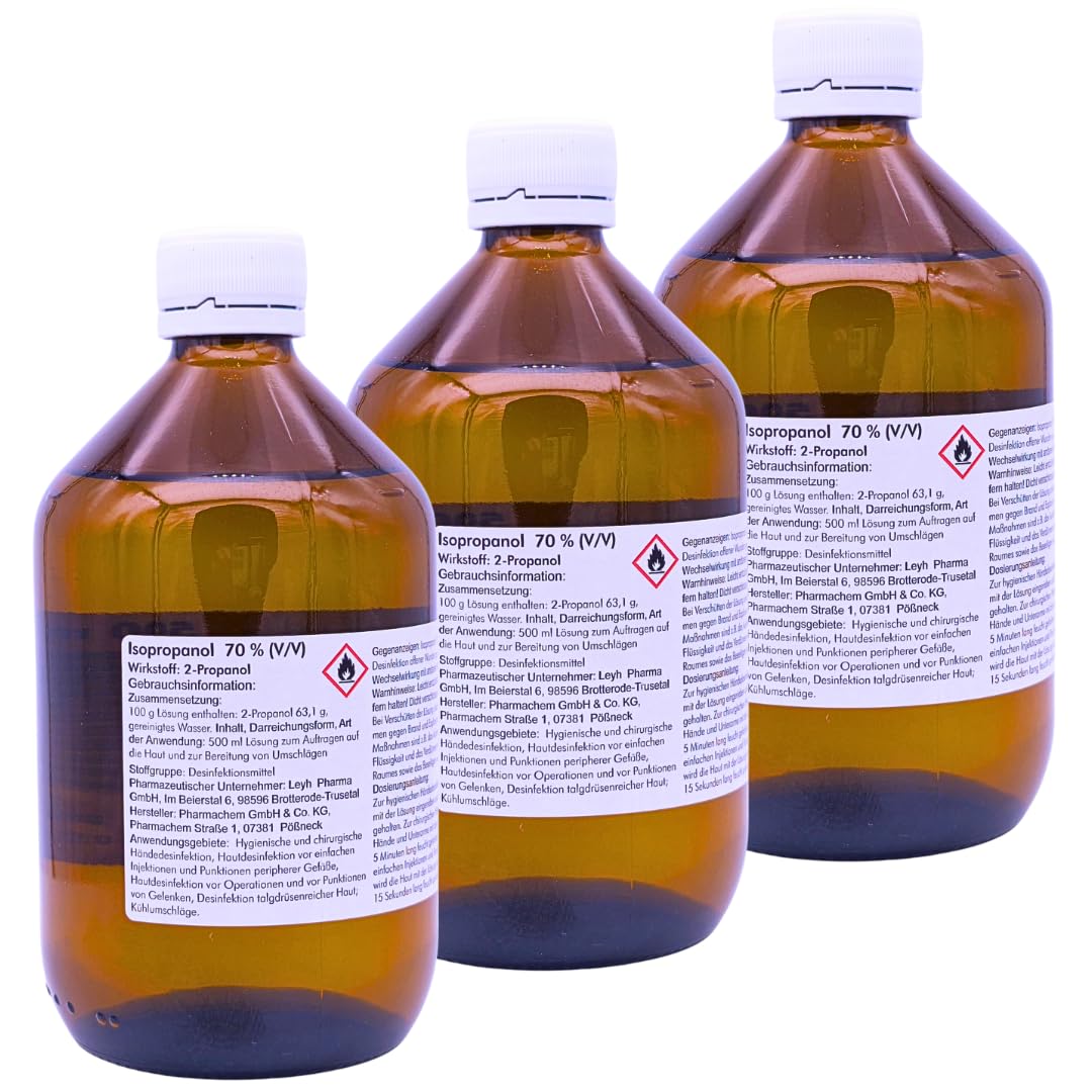 Isopropanol 70% 3x 500 ml I Lösung zur Hautpflege & Handreinigung I Für Kühlumschläge I Für Praxis, Haushalt & unterwegs I Rückstandsfrei & schnell trocknend I Spar-Set plus Pharma Perle give-away
