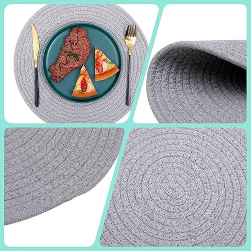 Miniatura 3 de Paquete de 6 manteles individuales tejidos de algodón, 13.8 pulgadas, cargadores de placas redondas, color gris, juego de manteles individuales