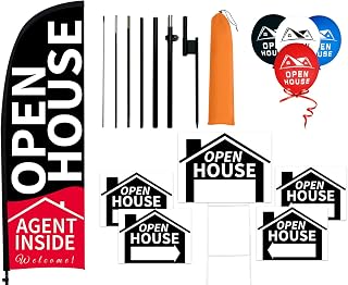 8.2 ft Open House Flags Signs for Real Estate Agents Advertising Supplies, Feather Flag with Pole Kit & Ground Stake 5 Yard Sign Banner 30 Balloons Flagpole Posts for Businesses Outside Black