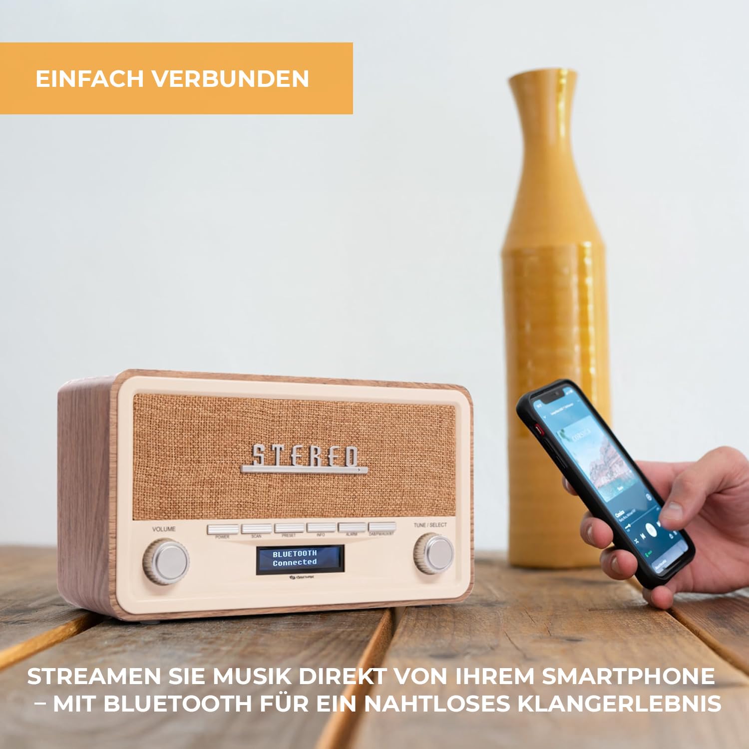 Denver Retro DAB-18 Digitalradio | DAB Plus Radio mit Bluetooth & FM | 2x20W Stereo-Lautsprecher | Kleines Radio mit Netzstecker | Küchenradio DAB mit gutem Klang | LCD-Display & Weckfunktion | DAB Plus & FM & Bluetooth, 2x20W Stereo-Lautsprecher, LCD-Dis
