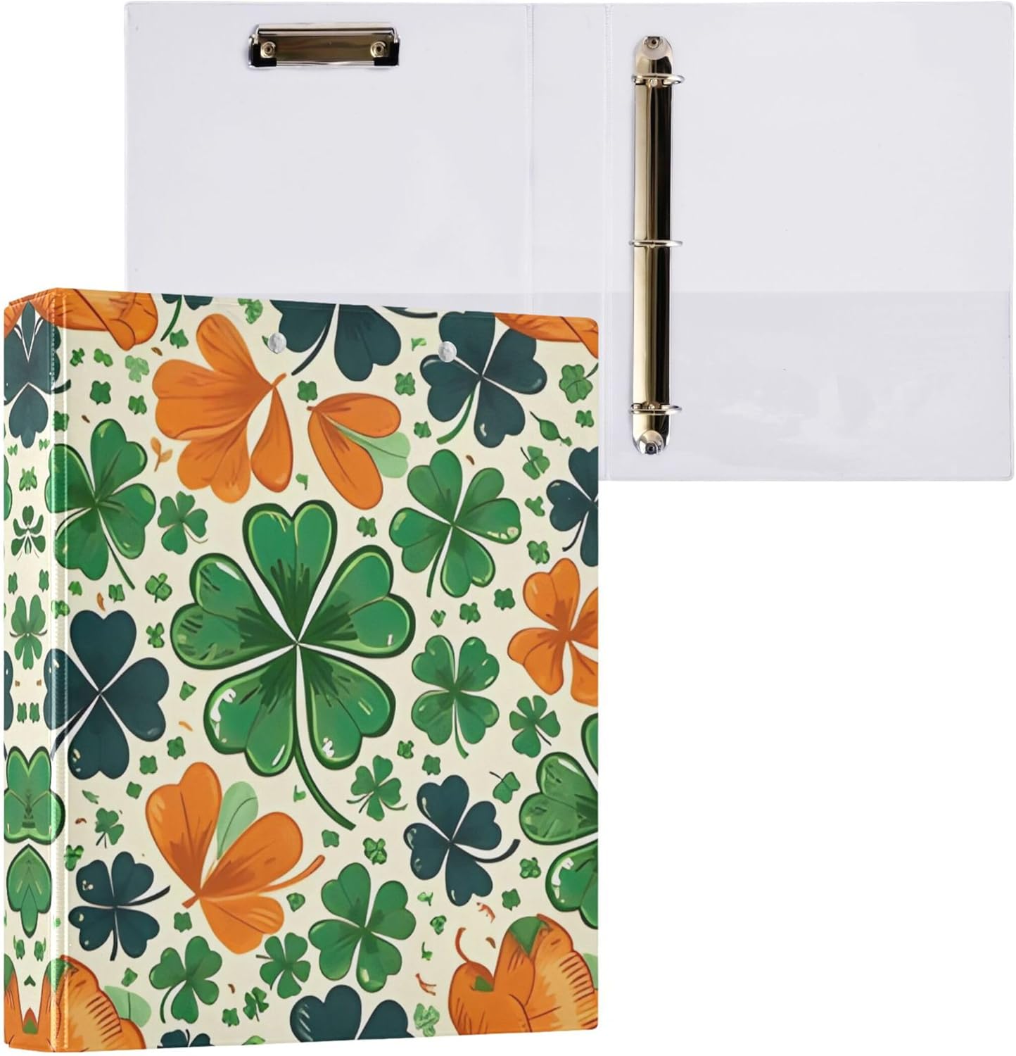 St. Patrick's Day Colorful Clover 3 Ring Binders, 1.5” Round Ring Binders with Clipboard - Letter Size, 3 Interior PVC Clear Pockets & Anti-Slip Clip for Office School Supplies, 2PCS