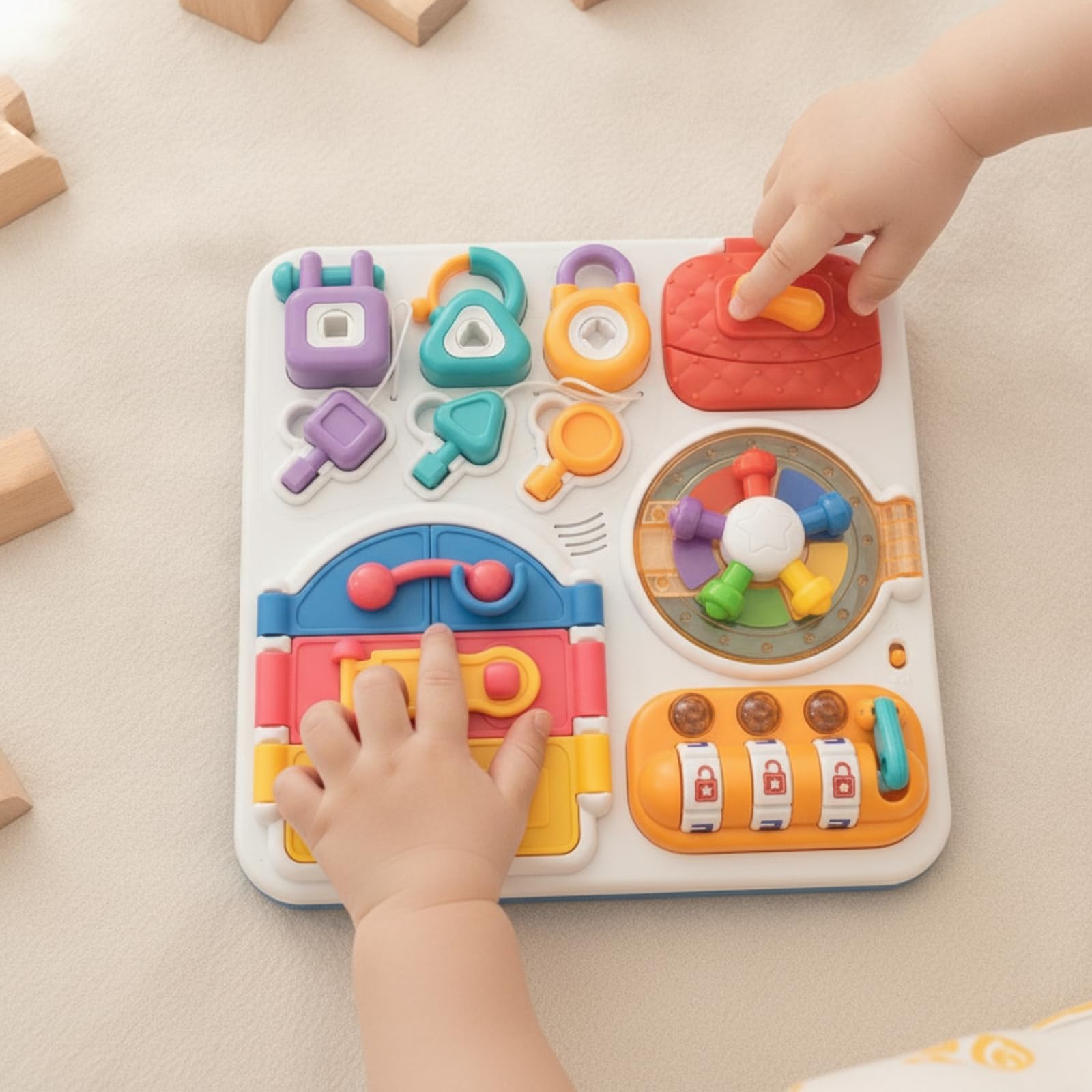 Bunt Beschäftigungsbrett mit Schlössern Motorikbrett, kompaktes Design für Unterwegs, Motorikbrett mit Schlössern, Zimmer, Babys