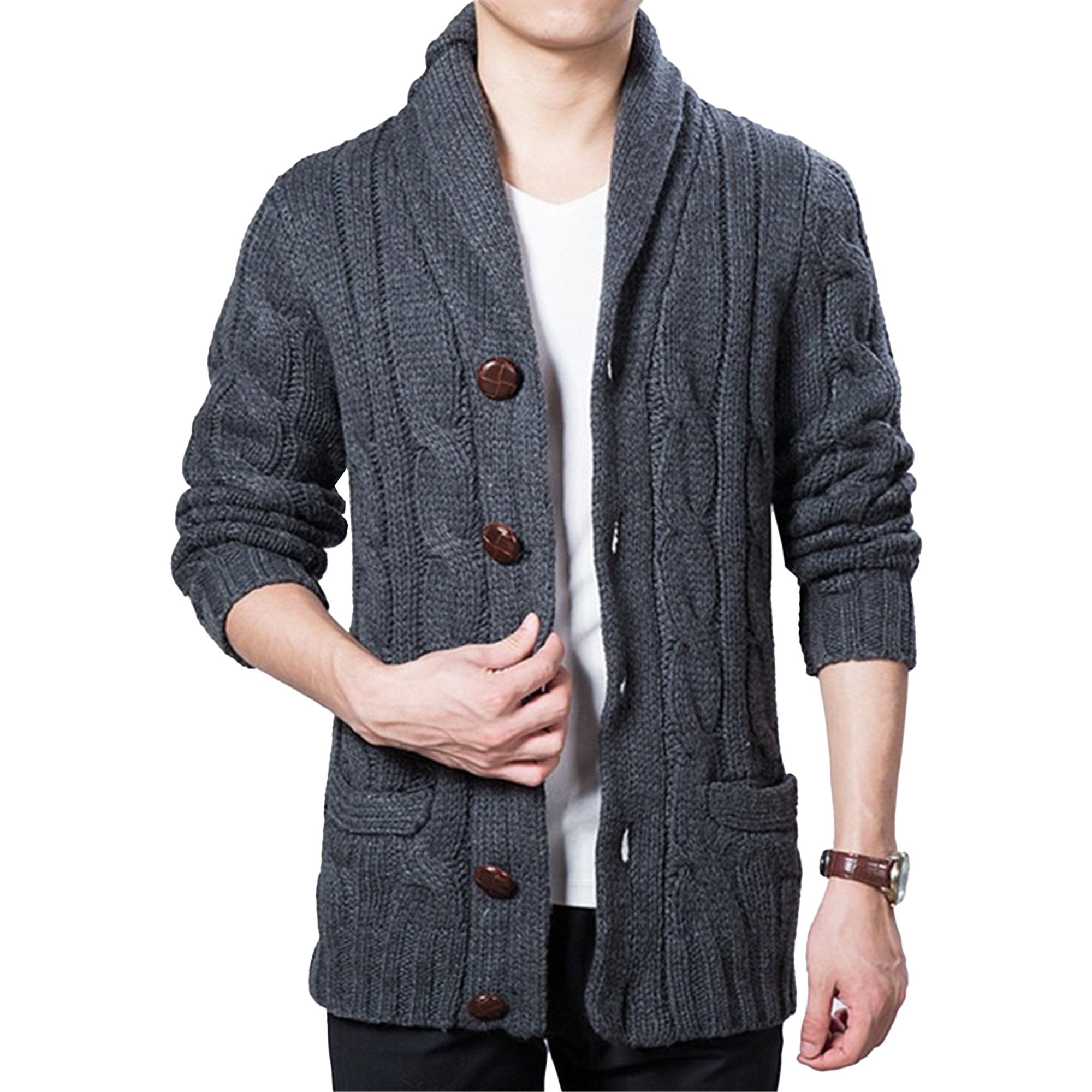 Cárdigan para hombre, cálido, de punto trenzado, con botones, cuello de chal, informal, para invierno y otoño