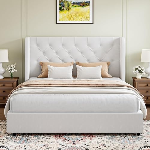 Miniatura 3 de HOMBCK Base de cama Queen blanca, base de cama de plataforma tapizada en terciopelo con cabecero, diseño de respaldo curvado con alas, listones de