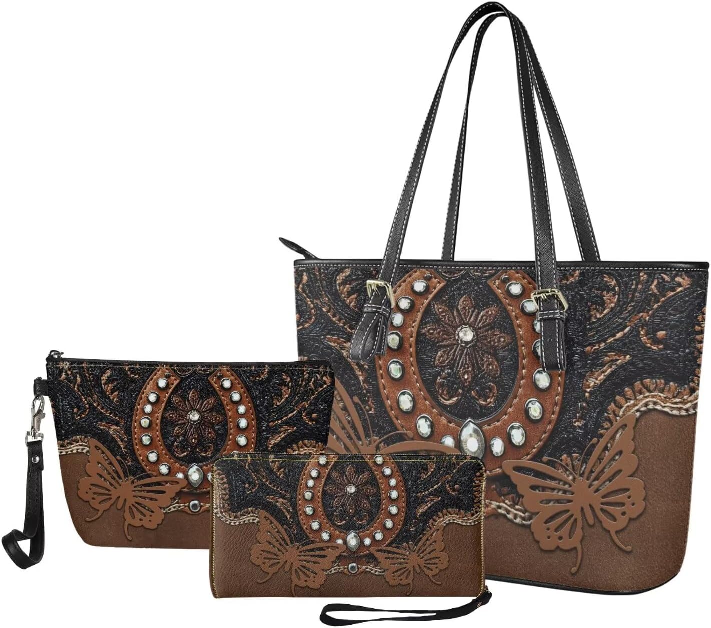 3 PCS Handbag and Wallet Set for Women Leather Tote Bag with Wristlet Wallet Make Up Bag for Travel