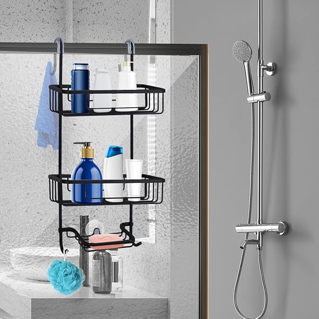 Duwee Over Door Hanging Shower Caddy 3 Tier,Rust Proof Bathroom Shelf Storage Basket Large,Shower Basket Over Door Hanging No Drilled,for Large Bottles,Matte Black