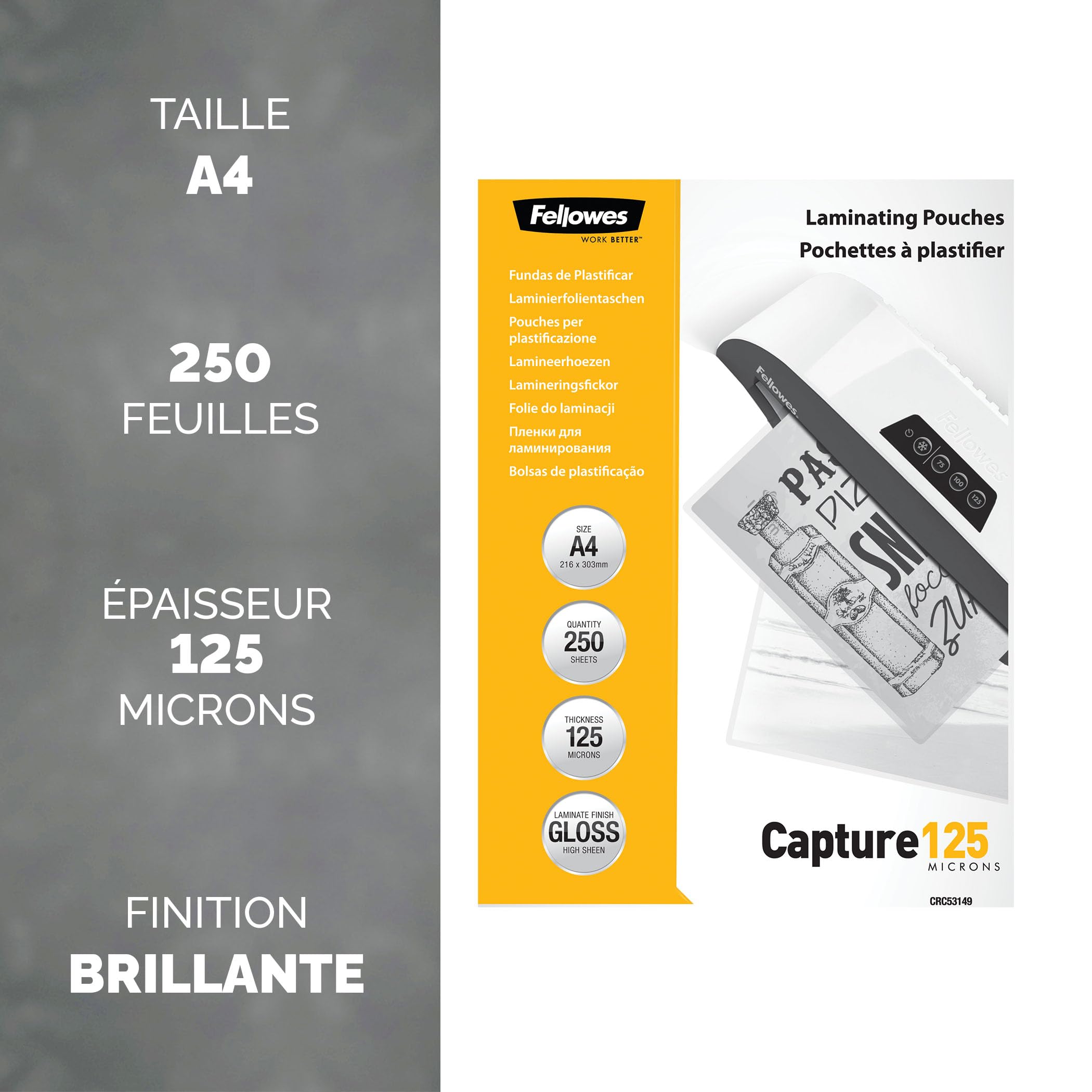 Pochettes de plastification Fellowes au format A4, 125 microns, Pack de 250 Feuilles à plastifier, Finition Brillante et de Haute Qualité, Idéal pour photos, affiches et certificat