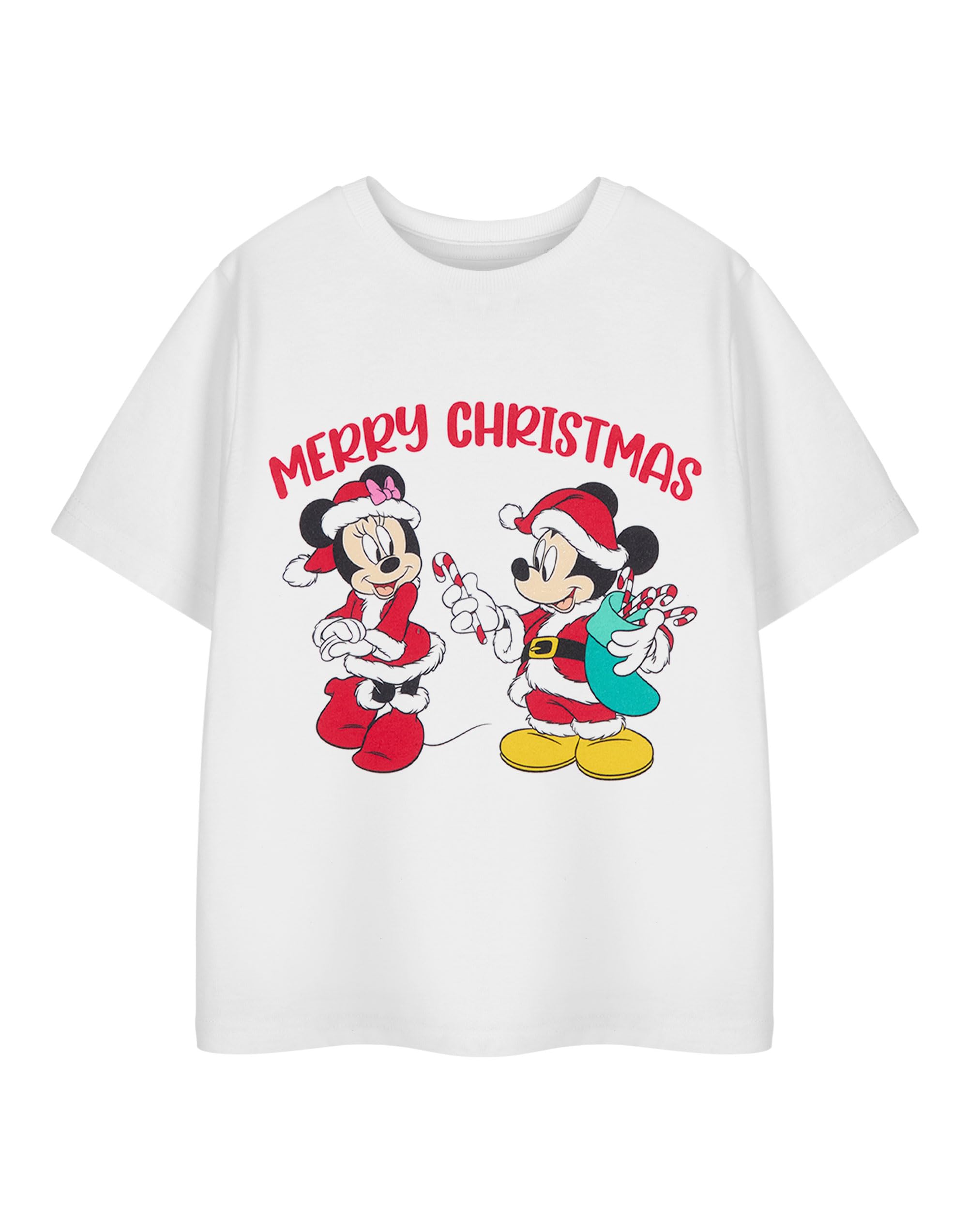 Disney Girls White Short Sleeved T-Shirt | Mickey & Minnie Merry Christmas Graphic Tee | Crew Neck Cartoon Apparel | Festive Holiday Top For & Toddlers Licensed Clothing