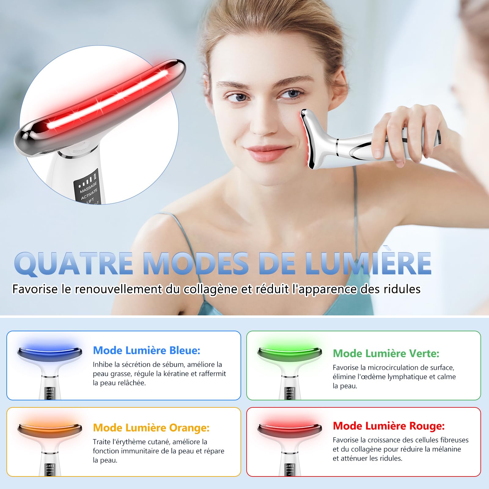 Appareil Anti Rides Visage, Appareil de Beauté à 6 Modes, Température 45 °C pour Les Massage Visage, pour l'anti-âge, Le Lifting et le Raffermissement de la Peau Relâchée (Mode LED 4 couleurs)